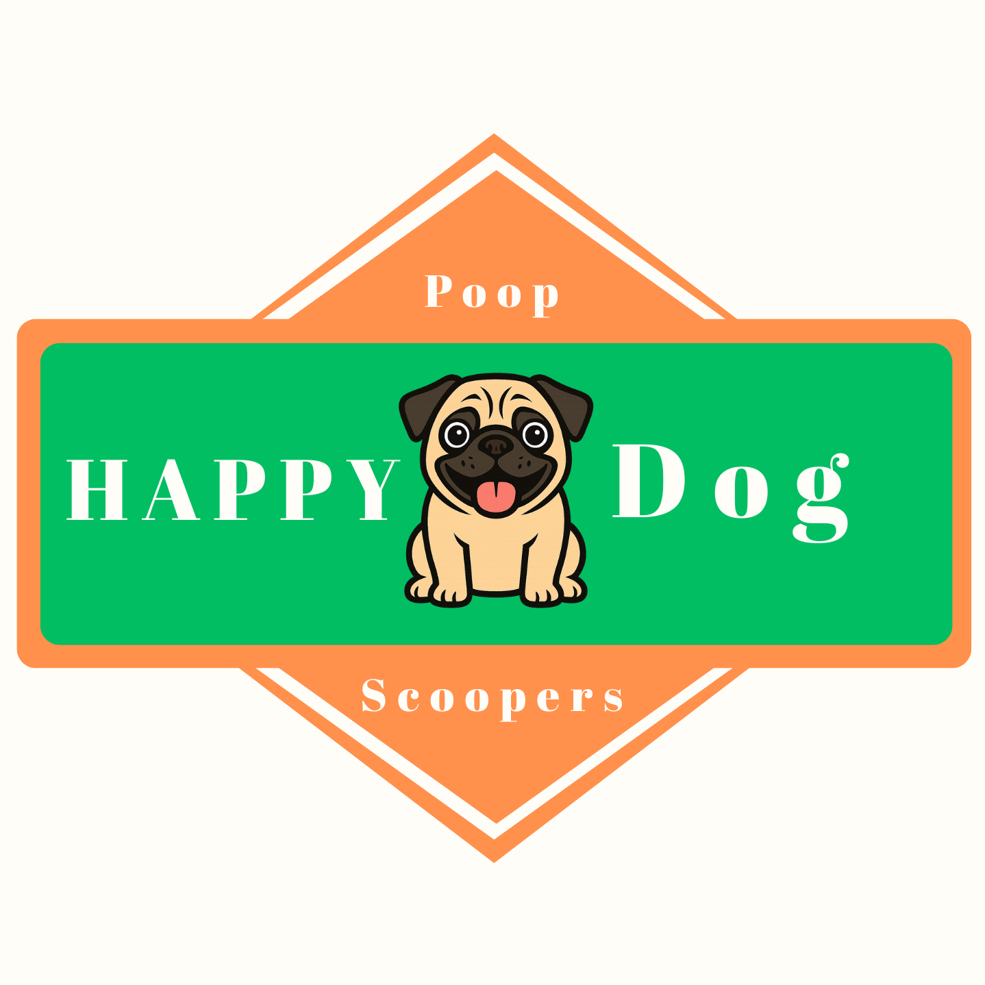 Happy Dog Poop Scoopers logo — a happy pug on a green banner